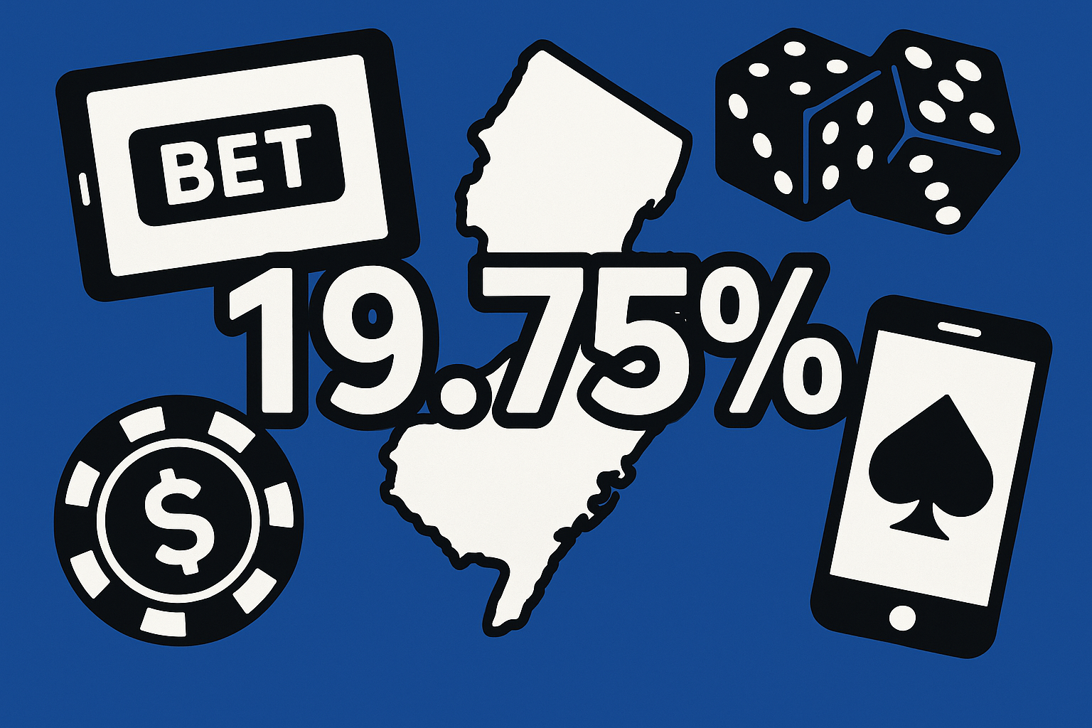 Create a realistic simple representation of the number 19.75% superimposed on a New Jersey map with a blue, black, and white color scheme inspired by a cartoon-style design. The image features online betting elements.