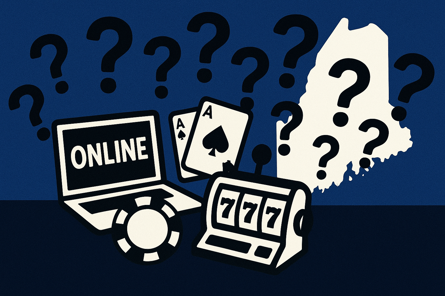 A realistic simple representation of online casino symbols trying to enter the Maine state outline but they're being blocked by question marks with a blue, black, and white color scheme inspired by a cartoon-style design.