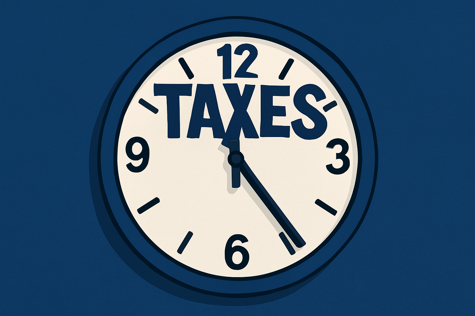A realistic simple representation of a clock that's just about to strike midnight with the word TAXES with a blue, black, and white color scheme inspired by a cartoon-style design.