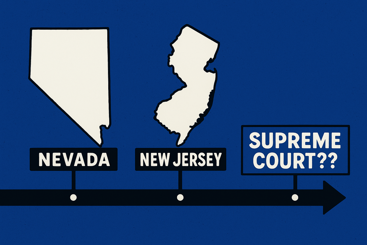 A realistic simple representation of Nevada and New Jersey appearing on a timeline with SUPREME COURT??? at the end of the timeline with a blue, black, and white color scheme inspired by a cartoon-style design.