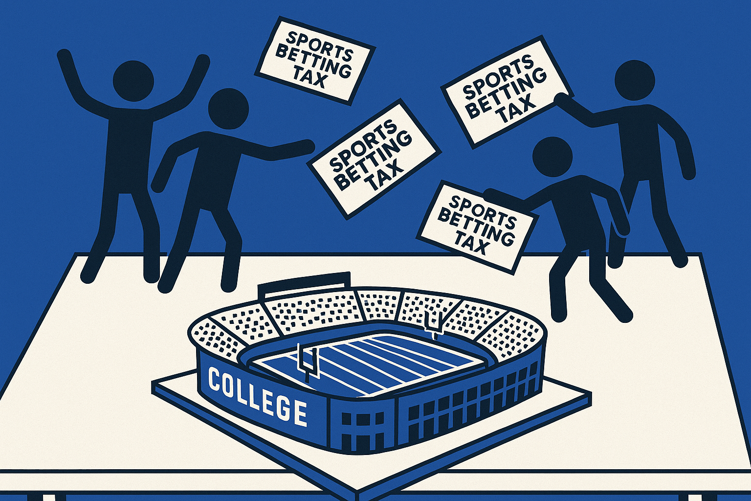 A realistic simple representation of stick figure legislators throwing money that says SPORTS BETTING TAX on it into a college football stadium sitting on a table below the legislators with a blue, black, and white color scheme inspired by a cartoon-style design.