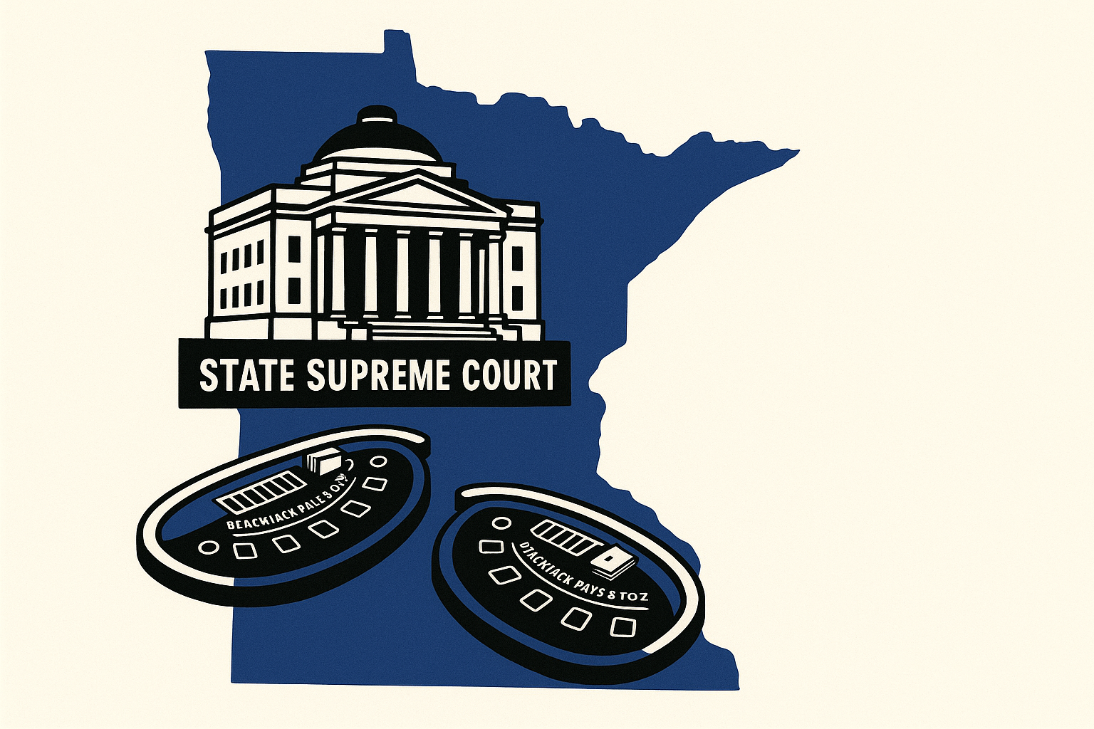 A realistic simple representation of a map of Minnesota featuring the state Supreme Court building and blackjack tables with a blue, black, and white color scheme inspired by a cartoon-style design.