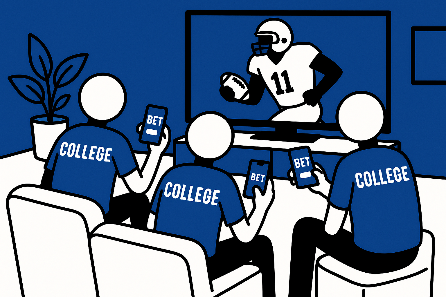 A realistic simple representation of stick figures wearing shirts that say COLLEGE watching football on TV while holding phones in their hands and placing bets with a blue, black, and white color scheme inspired by a cartoon-style design.