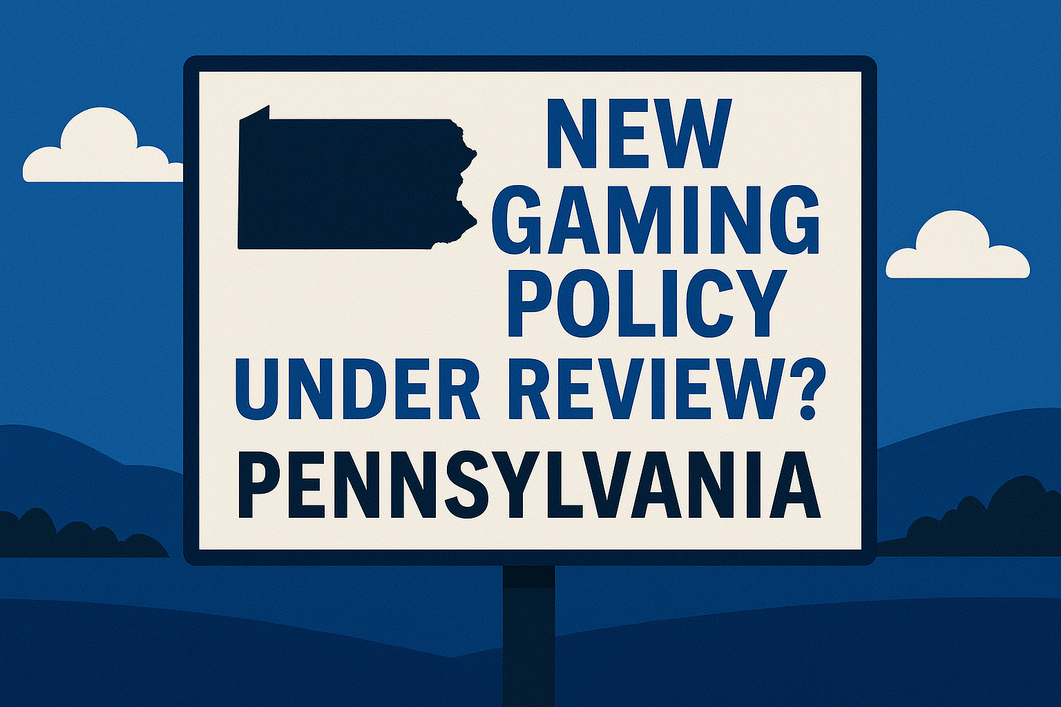 New Gaming Policy Under Review? Pennsylvania on a cartoon sign next to an outline of Pennsylvania