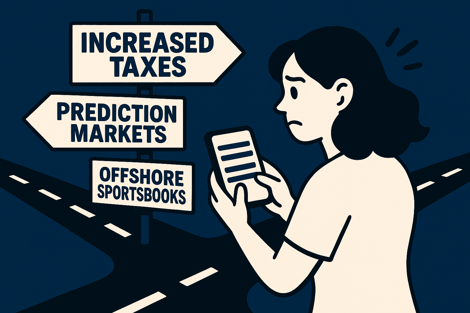 AI image of a woman at a crossroads trying to decide between sportsbooks with higher tax rates, prediction markets or offshore
