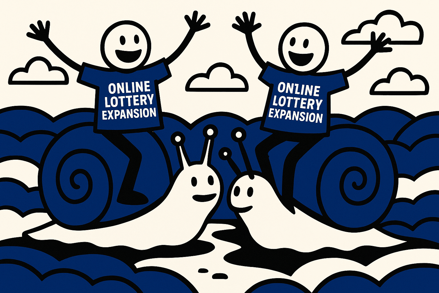 A realistic simple representation of happy stick figures with their arms in the air wearing shirts that say ONLINE LOTTERY EXPANSION and they're riding snails with a blue, black, and white color scheme inspired by a cartoon-style design.