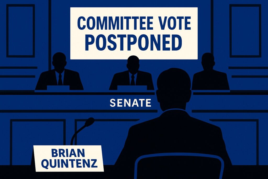 CFTC chair nomination Brian Quintenz senate vote delayed for second time.