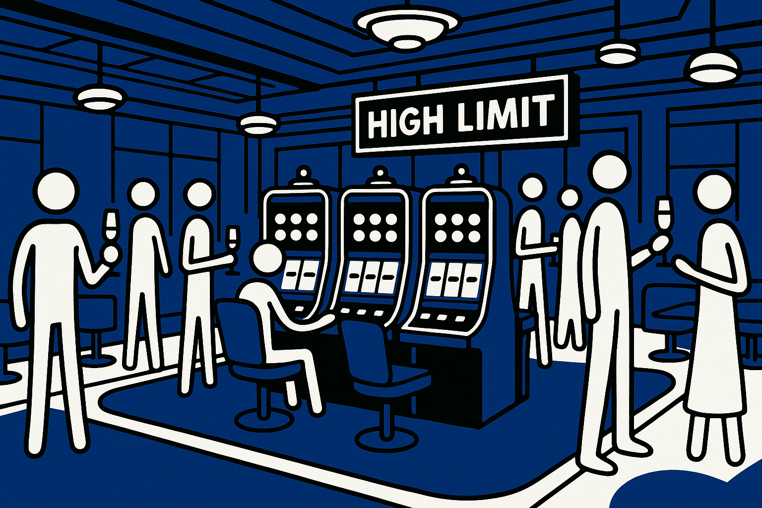 A realistic simple representation of a very fancy high-limit slot machines room, with champagne and fancy-looking stick figures everywhere, with a blue, black, and white color scheme inspired by a cartoon-style design.