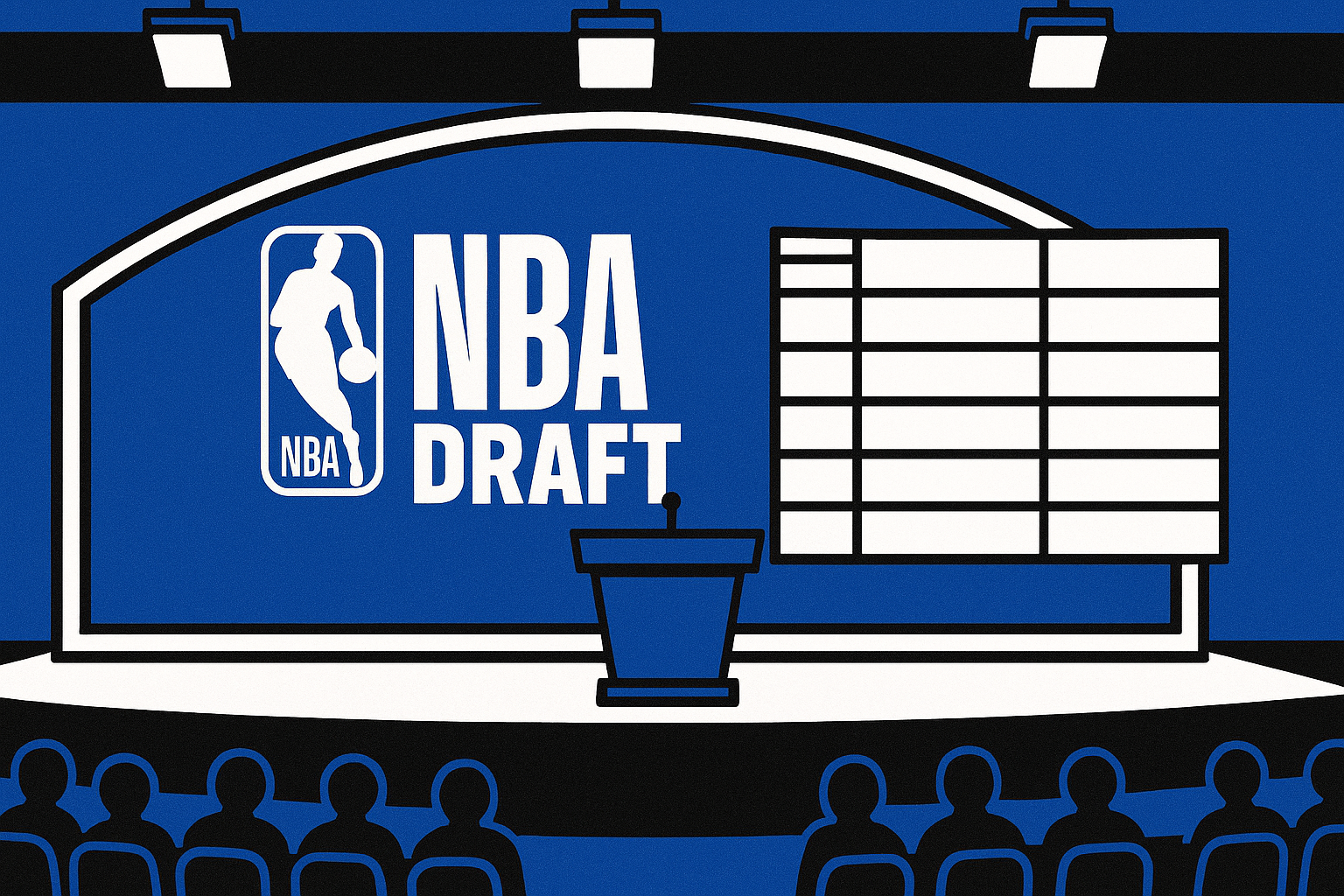 A realistic simple representation of the NBA Draft stage — with the words NBA Draft, the NBA logo, and an empty list of name slots — with a blue, black, and white color scheme inspired by a cartoon-style design.