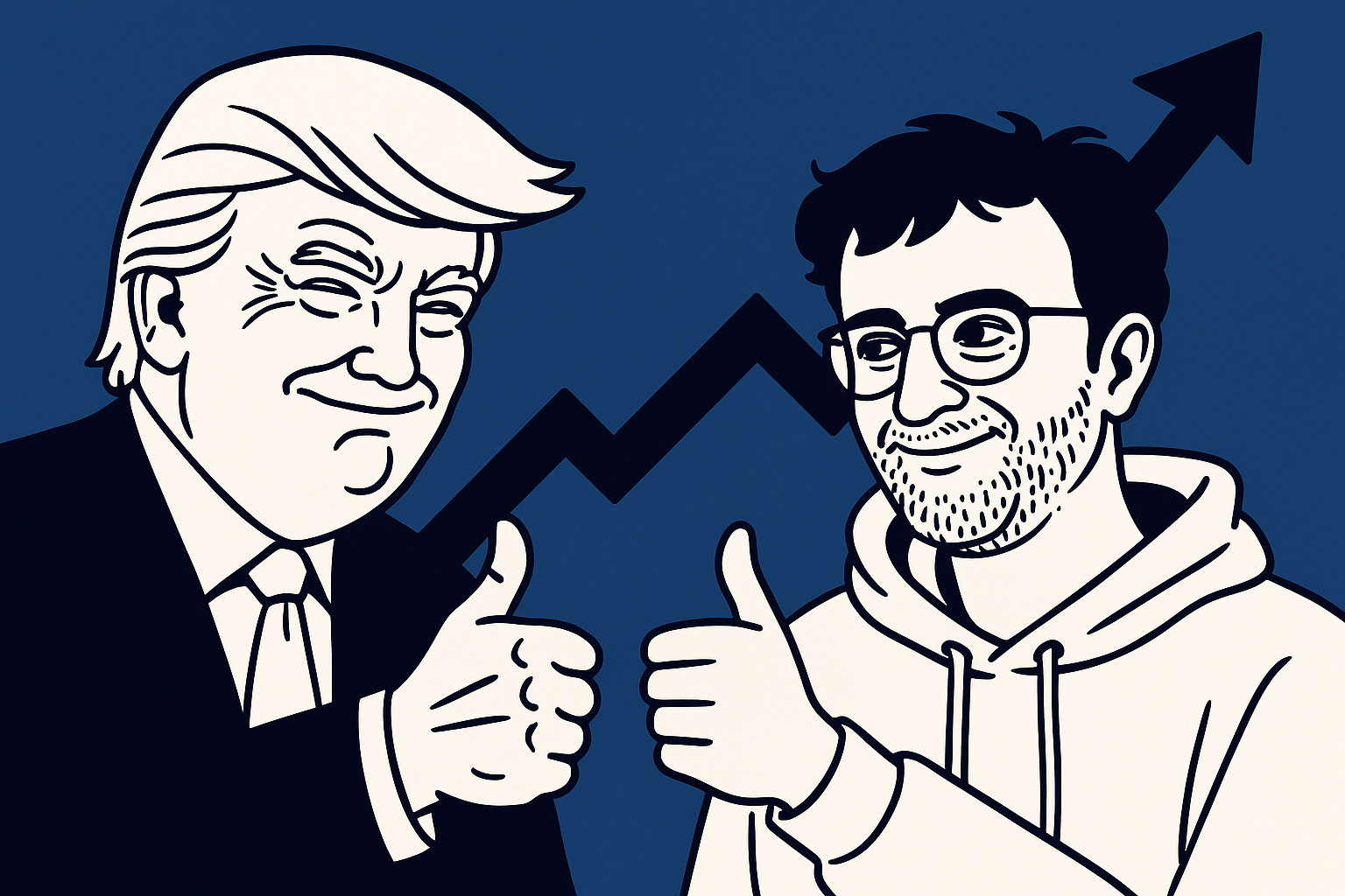 A realistic simple representation of Donald Trump and Kalshi CEO Tarek Mansour smirking at each other and giving each other the thumbs up with an upward trending line graph in the background with a blue, black, and white color scheme inspired by a cartoon-style design.