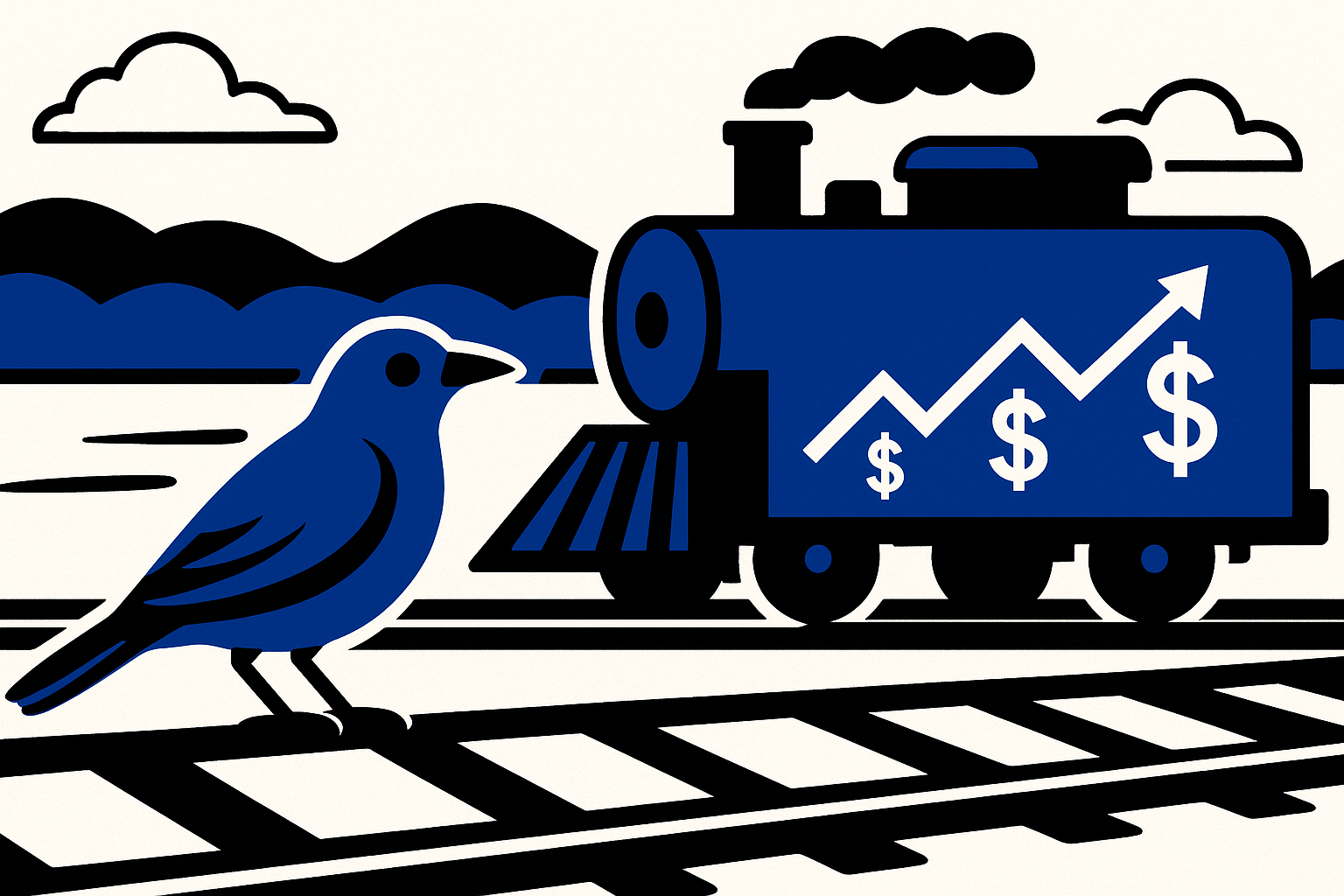 A realistic simple representation of a bird standing on top of a railroad with a train that has upward line graphs and money signs on it in the background with a blue, black, and white color scheme inspired by a cartoon-style design.