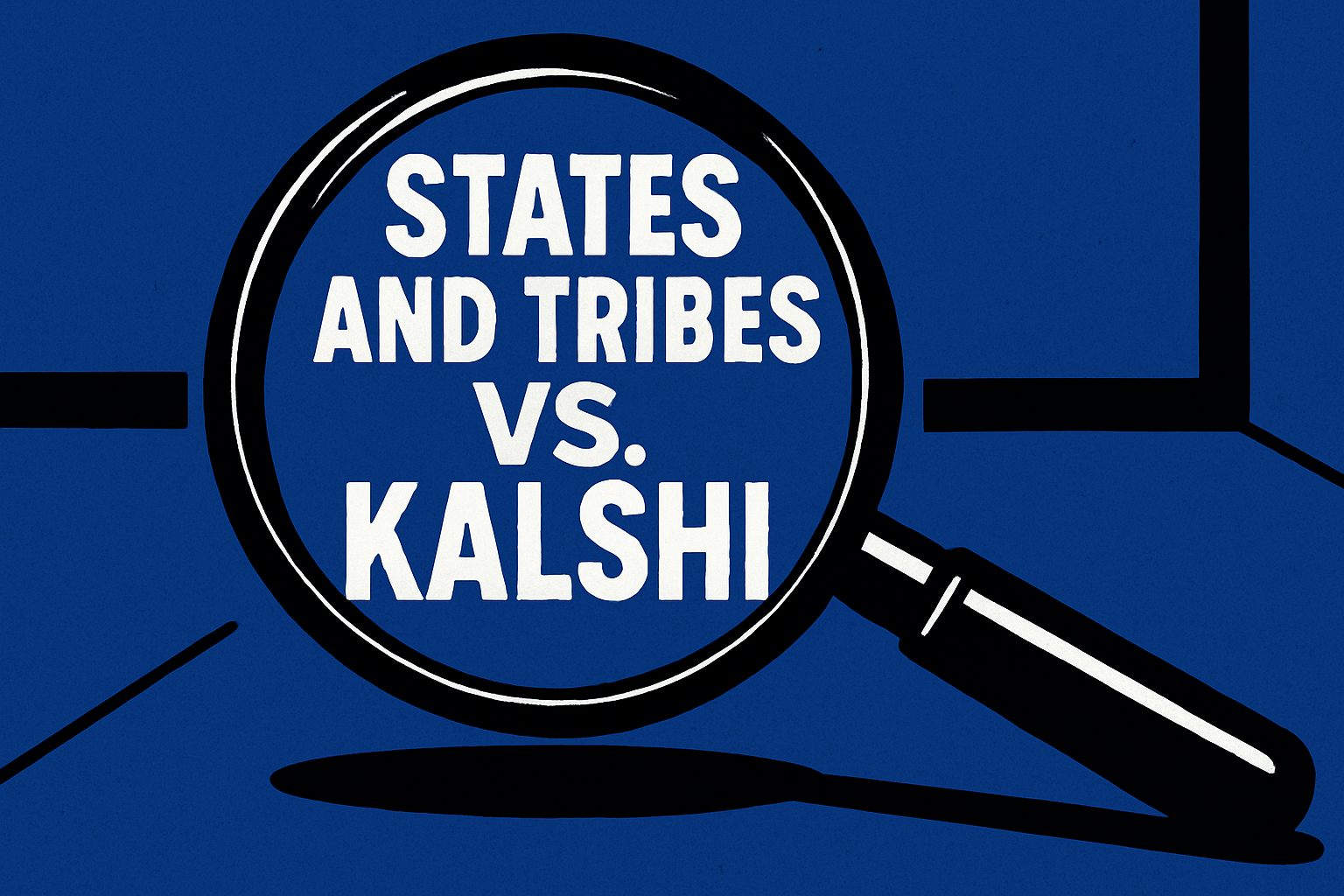 A realistic simple representation of the phrase STATES AND TRIBES VS. KALSHI under a magnifying glass with a blue, black, and white color scheme inspired by a cartoon-style design.