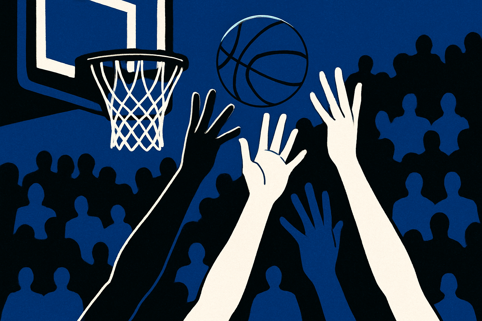 A realistic simple representation of basetball players with a blue, black, and white color scheme inspired by a cartoon-style design.