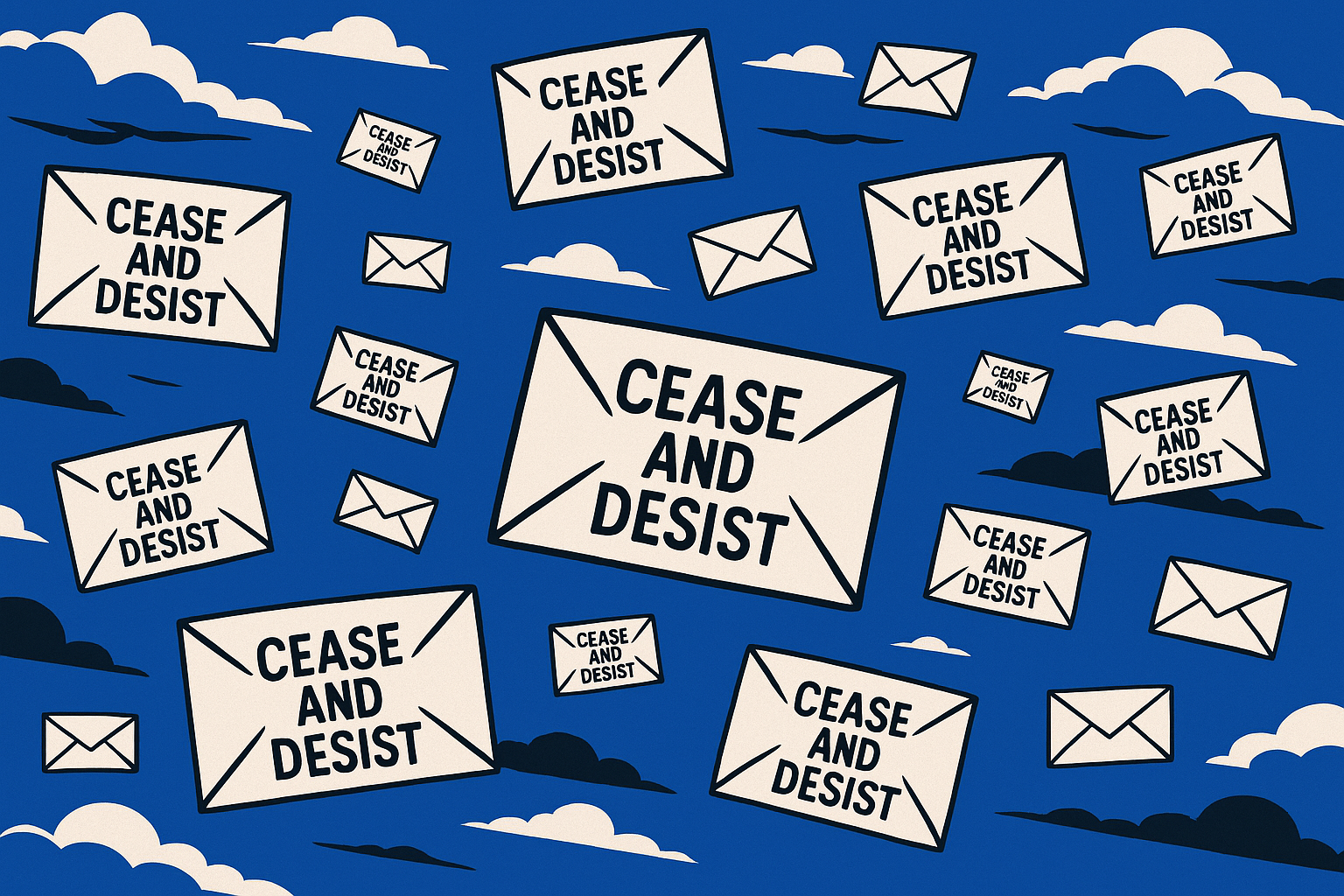 A realistic simple representation of 19 envelopes with CEASE AND DESIST written on them flying in the Michigan sky with a blue, black, and white color scheme inspired by a cartoon-style design.