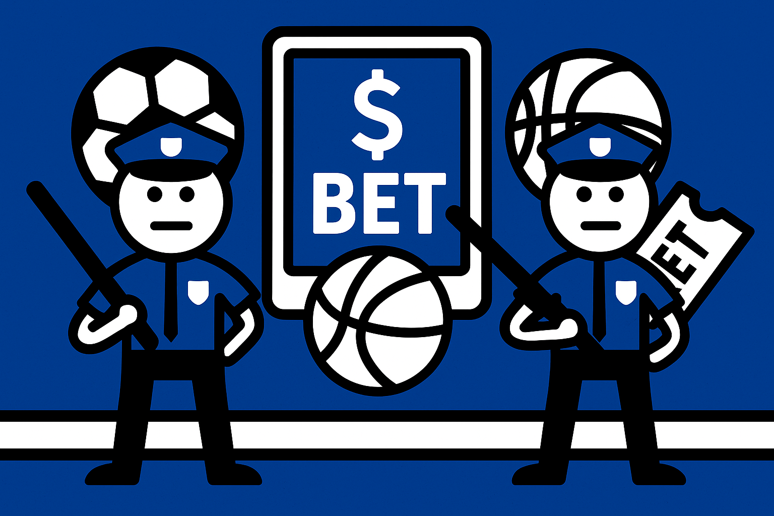 A realistic simple representation of two stick figure mall cops defending sports betting symbols with a blue, black, and white color scheme inspired by a cartoon-style design.