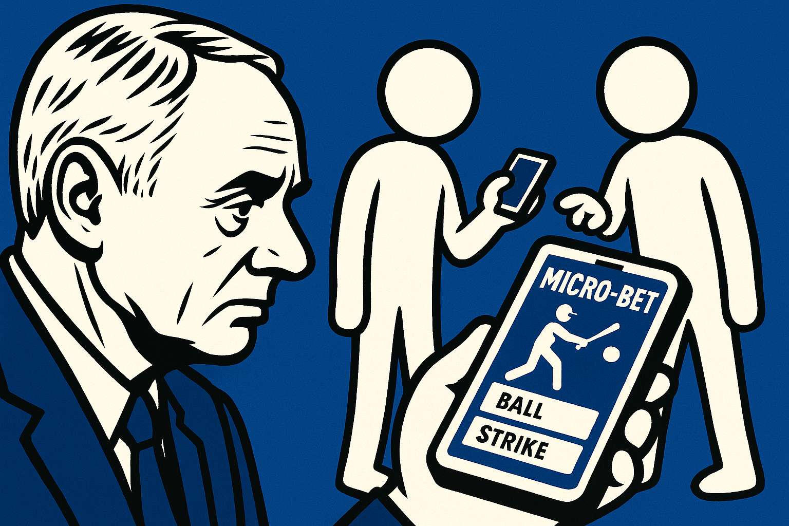 A realistic simple representation of MLB Commissioner Rob Manfred looking at a phone with a baseball micro-bet option on it and two stick figures in the background with a blue, black, and white color scheme inspired by a cartoon-style design.