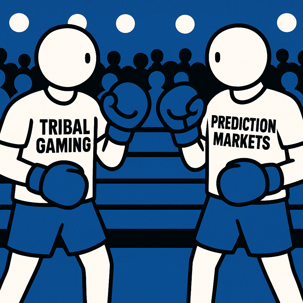 Create a realistic simple representation of two stick figure boxers standing in a ring ready to fight one another, with one wearing a TRIBAL GAMING shirt and the other wearing a PREDICTION MARKETS shirt, with a blue, black, and white color scheme inspired by a cartoon-style design.