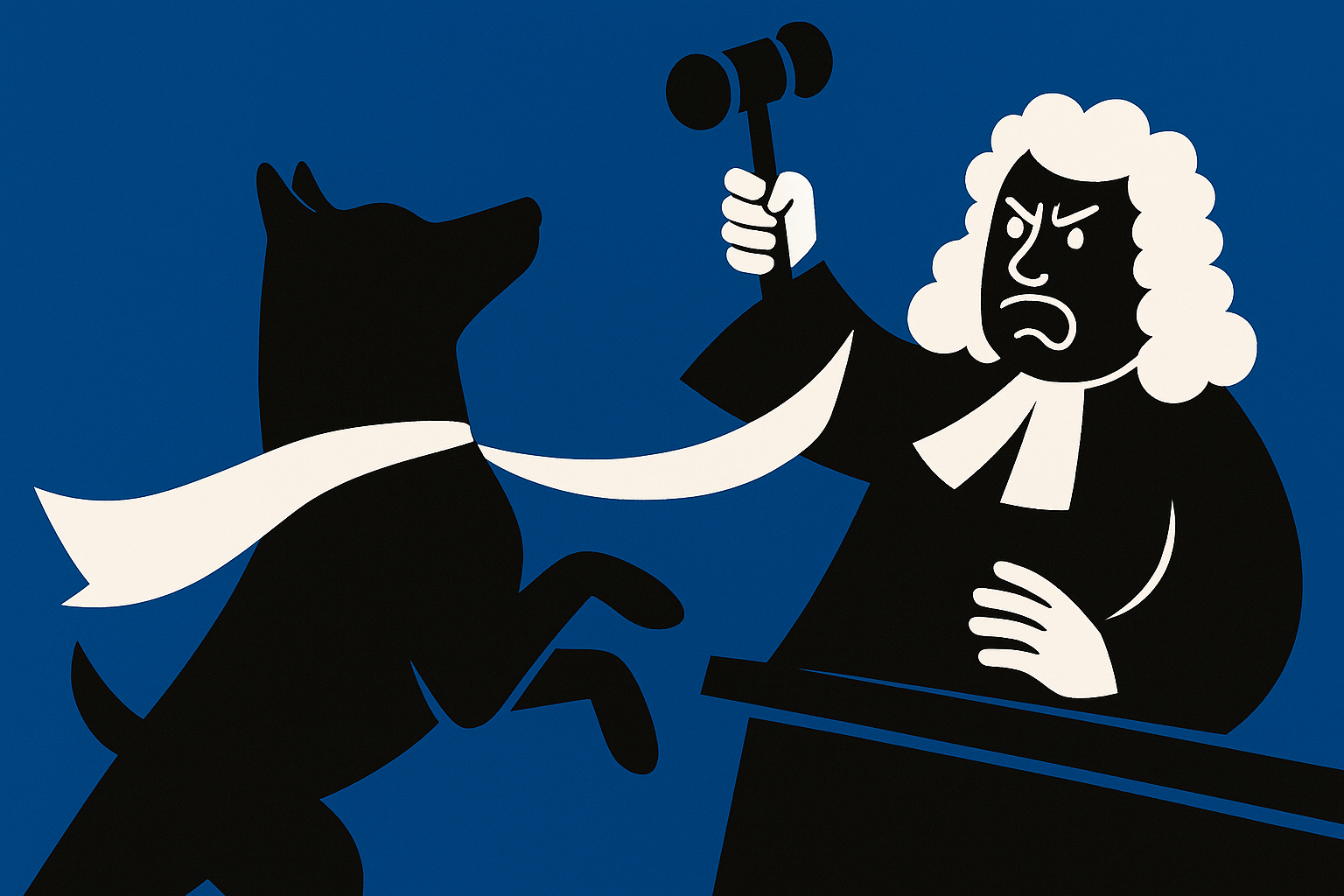 A realistic simple representation of the dog in the attached picture wrangling with a judge with a blue, black, and white color scheme inspired by a cartoon-style design.