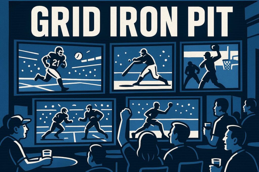 A blue, black, and white cartoon picture of a series of big TVs showing sports at a sportsbook with GRID IRON PIT written somewhere in the font style shown in the attached picture.